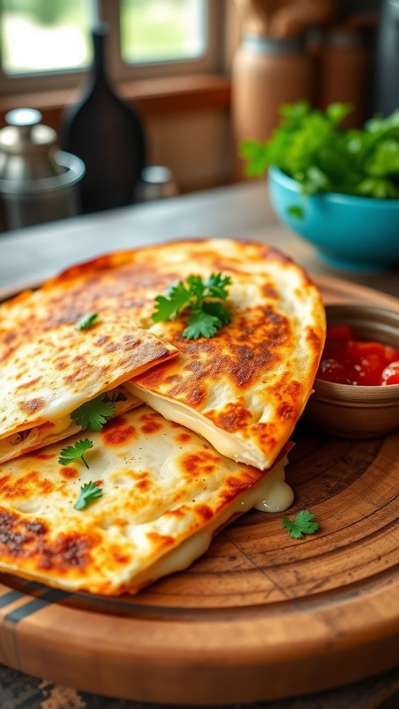 Crispy quesadilla wedges filled with cheese, served with salsa on a wooden plate in a rustic kitchen.